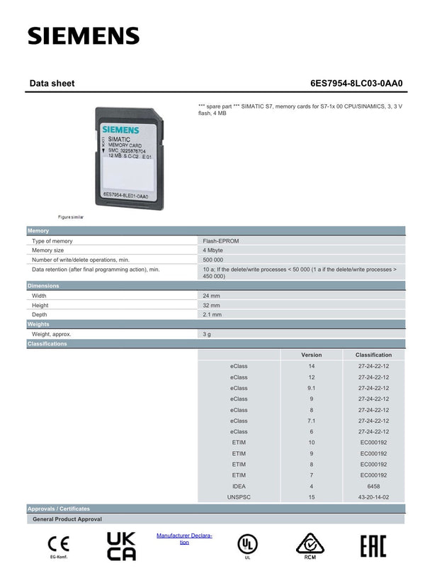 SIMATIC S7 memory card for S7-1x 00 CPU/SINAMICS 6ES7954-8LC03-0AA0 SIEMENS