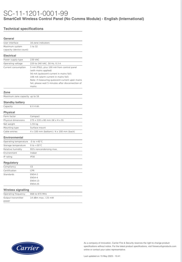 SmartCell Wireless Control Panel 230VAC (No Comms Module)