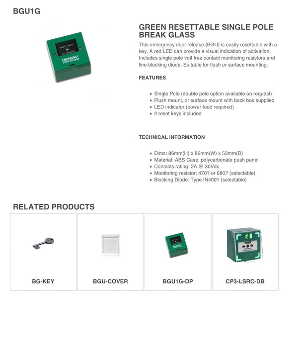 SSP Break Glass Resettable Single Pole Green BGU1G