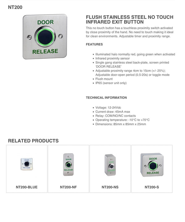 SSP No Touch Infrared Exit Button Flush Mount Stainless Steel NT200