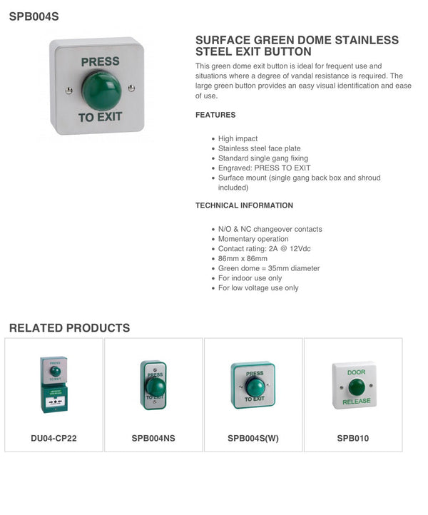 SSP Surface Green Dome Exit Button SS with Green Back Box SPB004S(C)