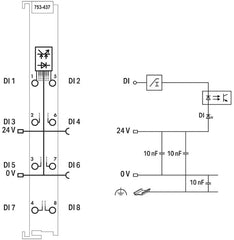 WAGO - 753-437 8-CHANNEL DIGITAL INPUT MODULE 24 VDC 0.2 MS LOW-SIDE SWITCHING CAGE CLAMP DIN MOUNT 10A