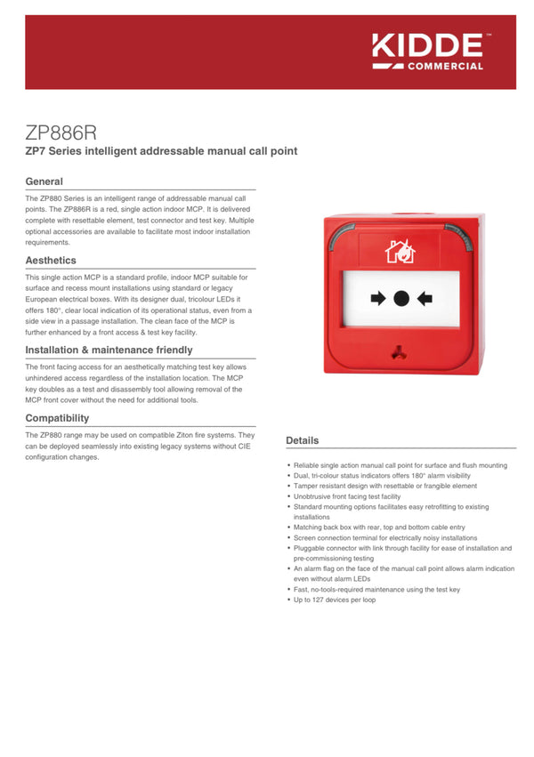 ZITON ZP886R ZP7 SERIES INTELLIGENT ADDRESSABLE MANUAL CALL POINT - RED